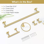 TQKAG Brushed Gold 5 Piece Bathroom Hardware Accessories Set 23.6" SUS304 Stainless Steel Bathroom Towel Bar Holder Sets Double Post Pivoting Toilet Paper Holder Set Wall Mounted