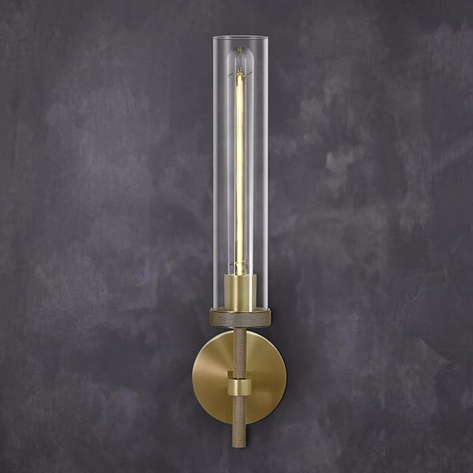 Brass Sconces Wall Lighting, 19" Tube Glass Gold Sconces, Bathroom Wall Sconces Lighting Vanity Lights Wall Lights for Living Room, Hallway, Fireplace, Staircase