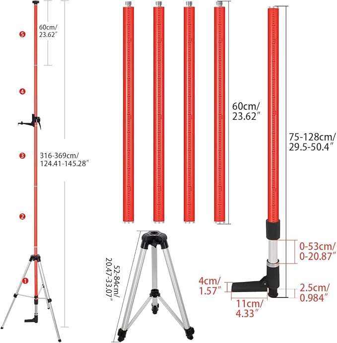 MOETER 12 Ft./3.7M Telescoping Laser Level Pole, Adjustable Laser Pole with Tripod, 1/4"-20 and 5/8"-11 Threaded Adapter of Rotary and Line Lasers