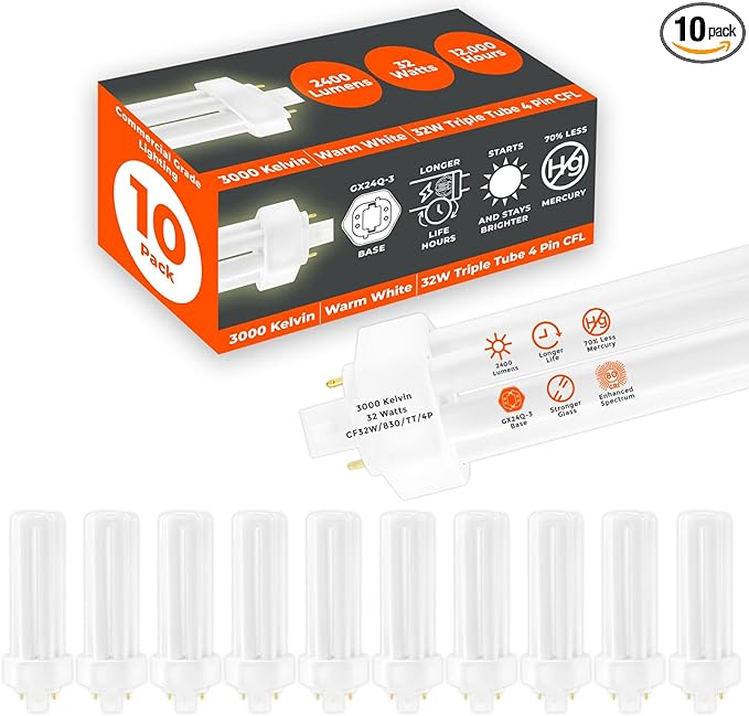 GoodBulb 32 Watt CFL Light Bulbs 4 Pin GX24Q-3 Base 3000K Warm White 32W High Output 2400 Lumens Triple Tube Compact Fluorescent Light Bulbs Plug-in 10 Pack