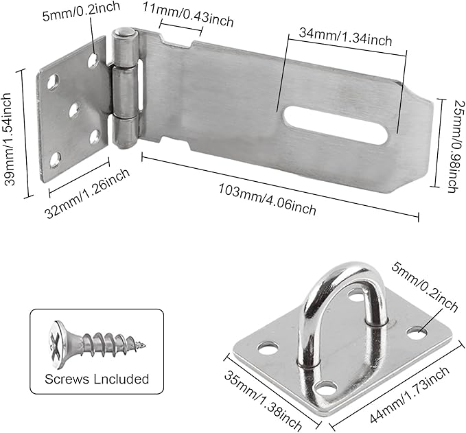 HOWDIA 180 Degree Hasp Lock Latch with Padlock, 4 Inch Stainless Steel Pad Lock Latches Locking Latch Security Door Clasp Hasp for Shed/Gate/Storage（Silver）