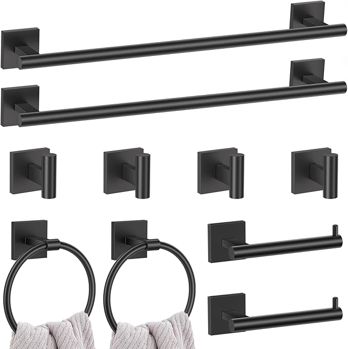 10 Pieces Black Towel Bar Set, 23.6 Inch Bathroom Accessories Set SUS304 Stainless Steel Bathroom Hardware Set Towel Racks for Bathroom Wall Mounted.