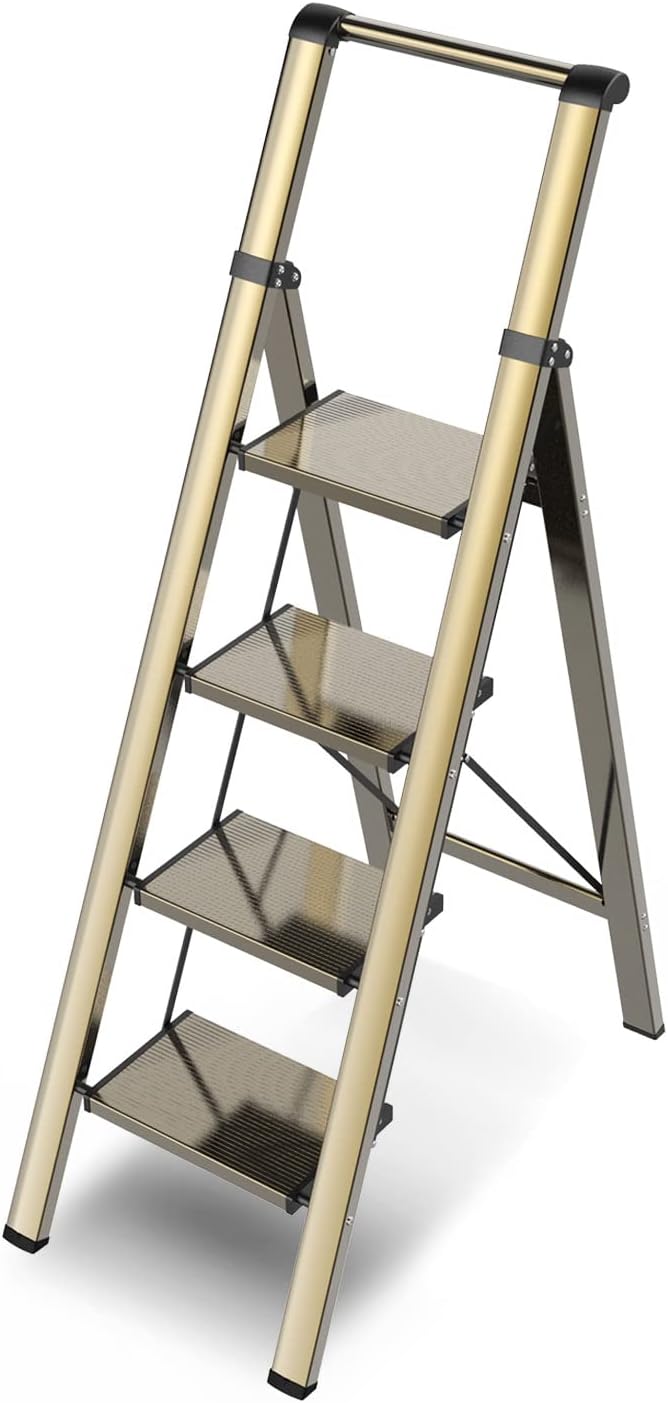 GameGem 4 Step Ladder, Folding Step Stool with Anti-Slip and Wide Pedal, Gold Ladder with Handgrip, Lightweight Aluminum Space Saving Stepladder for Home and Kitchen, 300 lbs Capacity