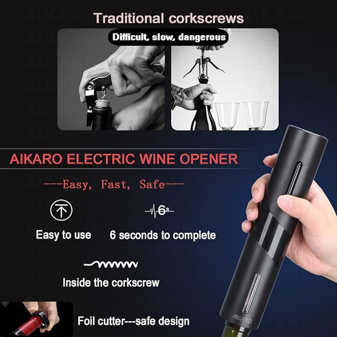 AIKARO - Electric Wine Bottle Opener Automatic Electronic Corkscrew, Rechargeable (Base Set)