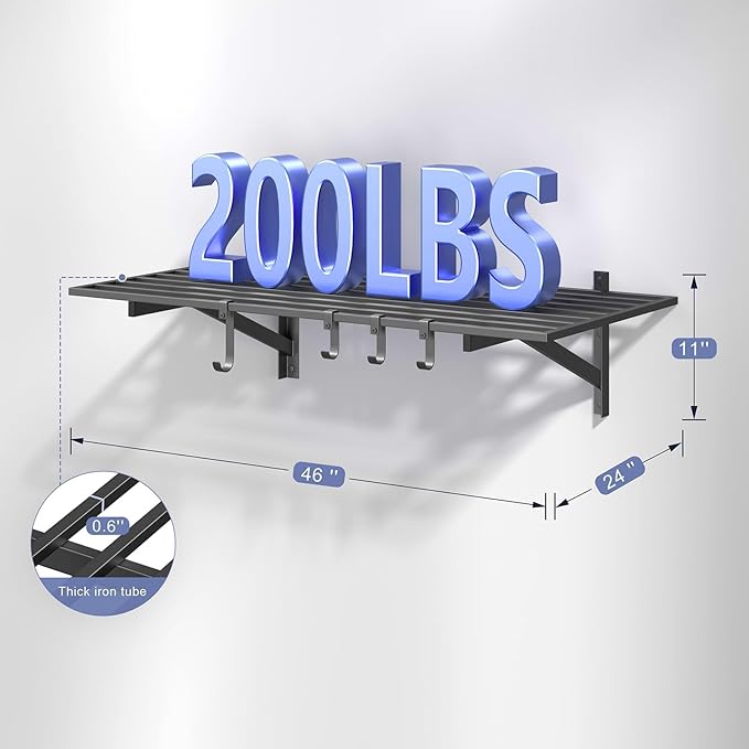 2x4ft Heavy Duty Garage Shelving, 2' x 4' Garage Wall Shelving Wall Mounted, 200LB Capacity Storage Rack with Hooks (1pack-2x4ft)