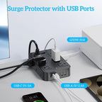 Flat Plug Power Strip Surge Protector 5 Ft Extension Cord with 12 AC Outlets 6 USB Ports 3 Side Multi Plug Outlet Extender Home Office Kitchen Dorm Room Wall Desk Charging Station ETL Listed