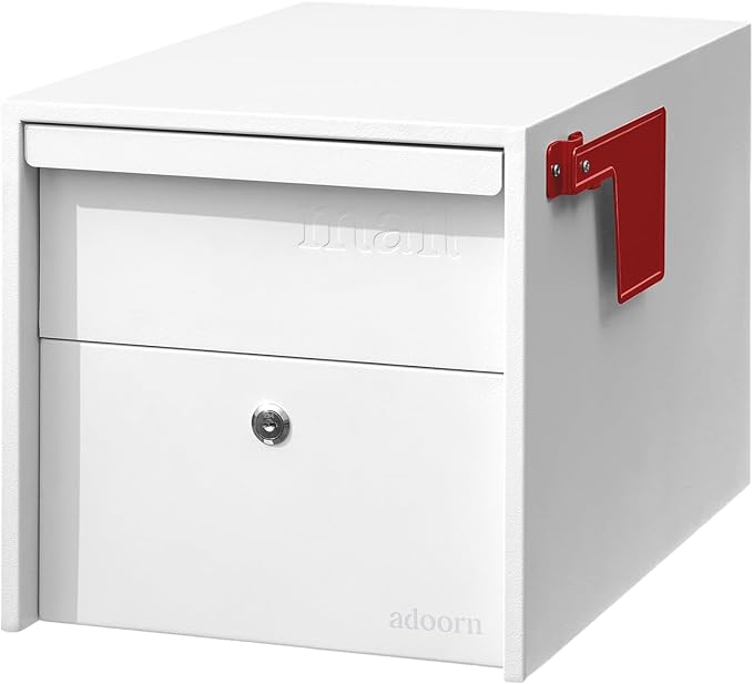 Adoorn Lockable Post Mount Mailbox | White, Small 12 x 12 x 18.5 (HxWxD) Anti-Theft Locking Mailbox with 2 Keys, Modern Mailbox with Flag, Weatherproof Mailboxes for Outside