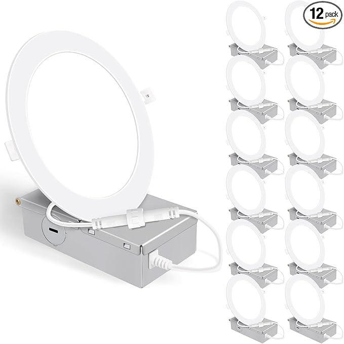 12 Pack 6 Inch Ultra-Thin LED Recessed Ceiling Light with Junction Box, Daylight 5000K, 1050LM Brightness, 12W 110W Eqv, Dimmable Canless Wafer Downlight - ETL & FCC Certified