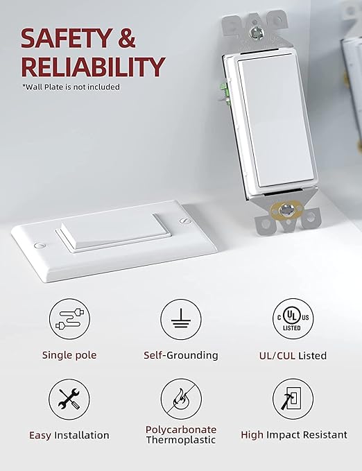 AIDA Single Pole Rocker Decora Light Switch, 15 Amp Self-grounding Electrical Light Switches, Residential Grade, UL Listed (50, Glossy White, Without Wall Plate)