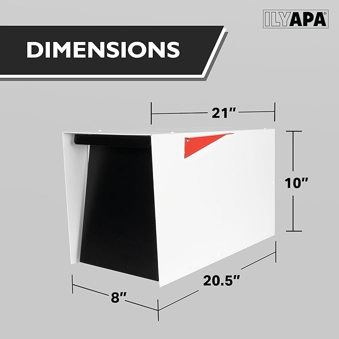 Ilyapa Modern Mailbox for Post Mount - White with Black Door Powder Coated Steel, Waterproof Letter Box for Parcels, with Recessed Magnetic Close Door
