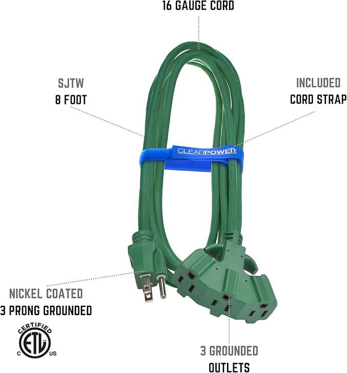 Clear Power Outdoor Extension Cord - 8 FT, Green | Lawn & Garden, 16/3 SJTW, 3-Outlet, Water & Weather Resistant, Flame Retardant, 3 Prong Grounded Plug, Perfect for Christmas and Holiday (CP10210)