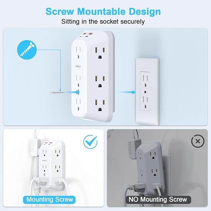 Outlet Extender Wall Charger with Multi Plug Adapter 9 AC Outlets 4 USB Charging Ports 1875W 1050J Surge Protector Power Strip Spaced Splitter for Home, Travel, Dorm Room Essentials