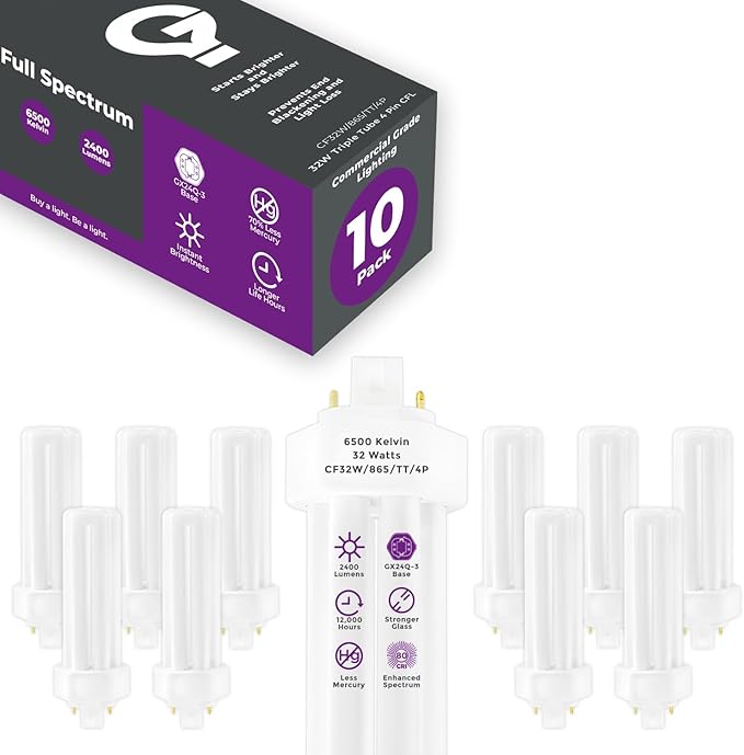 GoodBulb 32 Watt CFL Light Bulbs 4 Pin GX24Q-3 Base 6500K Full Spectrum 32W High Output 2400 Lumens Triple Tube Compact Fluorescent Light Bulbs Plug-in 10 Pack