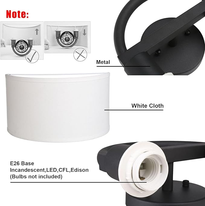 Yosoan White Boho Wall Sconce Bedisde Fixture Light, 2-Light Dual Indoor Hardwired Vanity Vintage Industrial Wall Mount Lighting Semicircle Fabric Lamp Shade for Hallway Bedroom Corridor Study Gallery