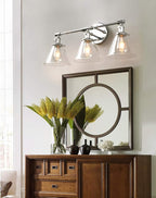 Phansthy 3-Light Wall Sconces Antique Brass Vanity Light, Industrial Wall Lamps with On Off Switch and Clear Glass Lampshade, Vintage Wall Lighting for Bathroom Living Room (Chrome, Cone Shade)