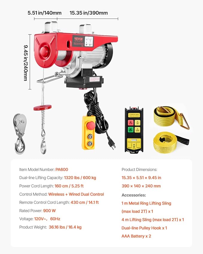 VEVOR Electric Hoist, 1320 lbs 120V Electric Winch with 328 ft Wireless & 14 ft Wired Remote Control, 40 ft Single Cable Lifting Height, Single/Double Slings, Lift Hoist for Garage Warehouse Factory