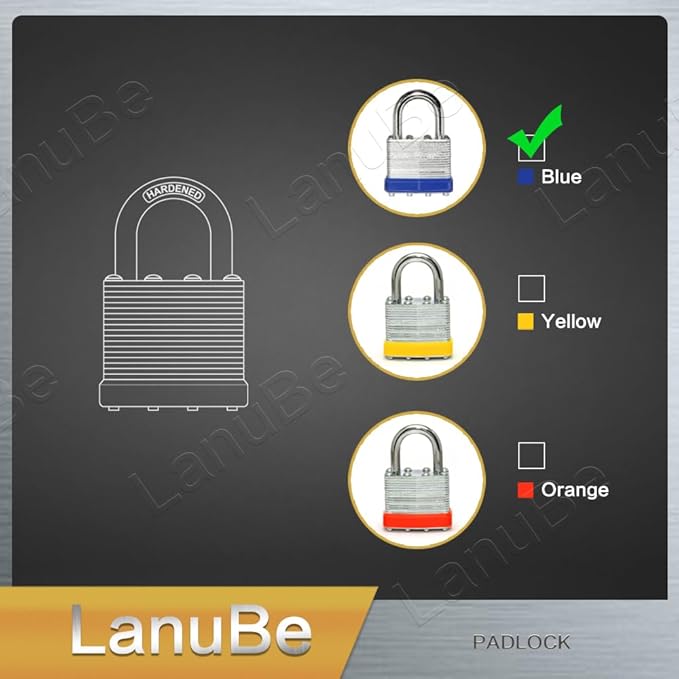 LanuBe Lock Laminated keyed Padlock (1-9/16", 40mm), keyed Alike Locks, Normal Shackle, Marked Blue Plastic Hoop, Pack of 2
