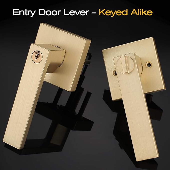 EHOMEWARE 4 Pack Keyed Alike Entry Door Handles with Lock Gold Door Lever Set, Outdoor/Indoor Bedroom Bathroom Use with Keys, Exterior Door Levers