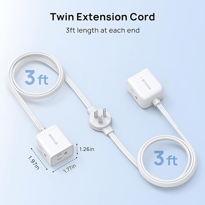 TROND Split Extension Cord Power Strip, Twin 3ft on Each Side, Low-Profile Flat Plug, Dual 3 Grounded Outlet Extender Cubes, 13 Amps, 16 Gauge Wire, for Behind TV Stand Sofa Headboard, Indoor, White