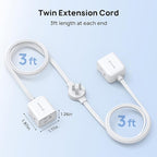 TROND Split Extension Cord Power Strip, Twin 3ft on Each Side, Low-Profile Flat Plug, Dual 3 Grounded Outlet Extender Cubes, 13 Amps, 16 Gauge Wire, for Behind TV Stand Sofa Headboard, Indoor, White