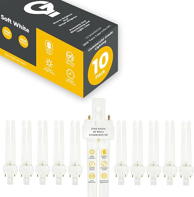 GoodBulb 26 Watt CFL Light Bulbs 2 Pin G24D-3 Base 2700K Soft White 26W High Output 1800 Lumens Double Tube Compact Fluorescent Light Bulbs Plug-in 10 Pack