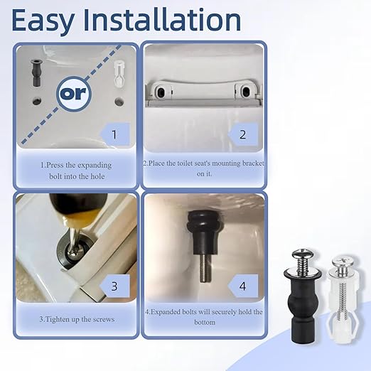 2 Set Toilet Seat Screws, Stainless Steel Toilet Seat Bolts with Expanding Rubber & Plastic Nuts - Universal Toilet Hardware Replacement Kit for Most Top-Mount Toilet Seats' Top-Mount Hinges