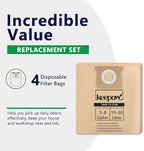 KEEPOW 19-3100 Shop Vac Bags Compatible with Stanley 5-8 Gallon wet dry vacuum, 4 Pack Disposable Filter Bags