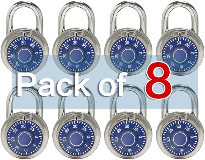LanuBe Standard Dial Combination Lock, 2 in. Wide, with Different Combinations, Blue Turnplate, Pack of 8; Lock for School, Employee, Gym Sports Locker, Case, Toolbox, and so on