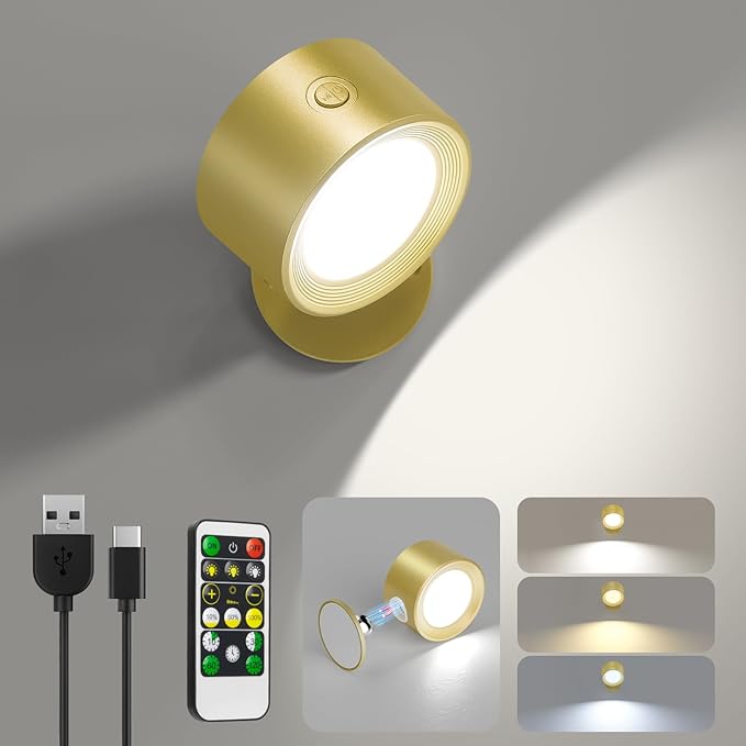 Lightbiz LED Wall Lights with Remote, Wall Sconces Lamp Rechargeable Battery Operated, 3 Color Temperatures & Dimmable Magnetic 360° Rotation Cordless for Bedroom Bedside