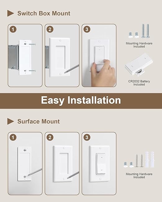 Remote Control Light Bulb Socket, Decorator Rocker Wall Switch, 200FT Range Wireless Light Switch for Pull Chain Light Fixture, E26 E27 Lamp Socket, No Wiring Needed, FCC Listed
