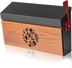 Wall Mount Mailbox, Large Capacity Mailbox for House Outside with Flag Kit Galvanized Steel Rust-Proof Metal Post Drop Box, 15.74"×9.84"×4.33" Flower Hollowed Wooden Patterned Metal Sheet