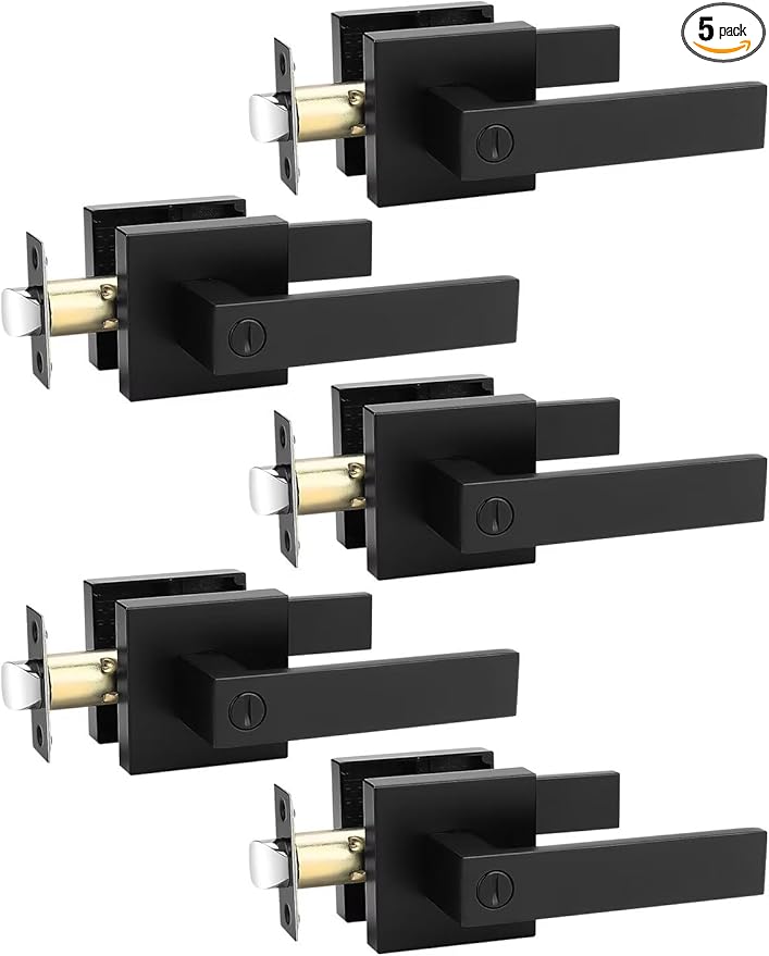 5 Pack Square Privacy Door Levers Locksets in Matte Black Finish, Bed/Bath Door Levers Keyless Interior Handles,Reversible for Left Right Handed Doors