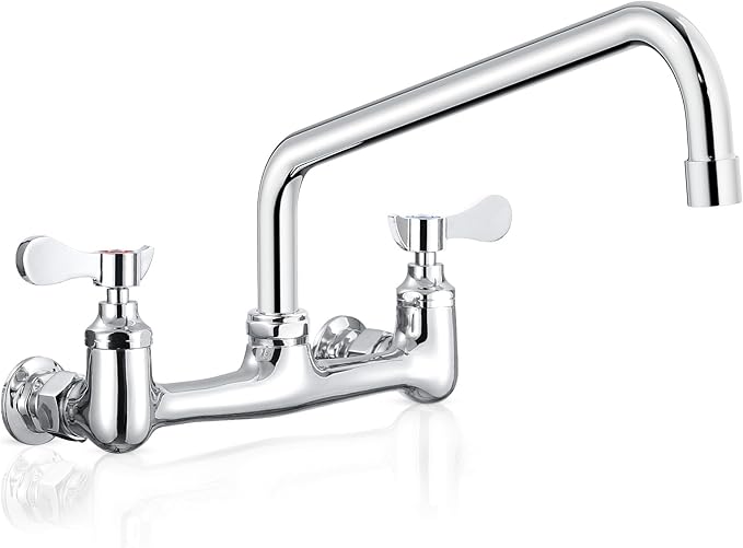Wall Mount Commercial Sink Faucet with 10” Swivel Spout, 8" Center Wall Mount Kitchen Faucet, Dual Handles Brass Utility Sink Faucet for Laundry Room Restaurant