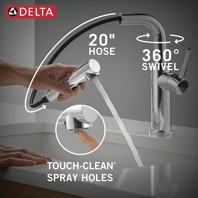Delta Daneri Chrome Kitchen Faucet with Pull-Out Sprayer, Modern Single Hole Kitchen Sink Faucet, Single Handle, Chrome 16879-DST