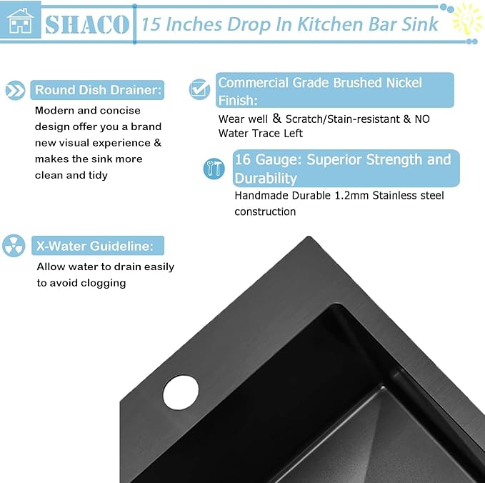 SHACO 13x15 Inch Drop In Black RV Bar Sink, Stainless Steel Top Mount Gunmetal Black 16 Gauge Single Bowl Small Kitchen Outdoor Sink with Strainer Drain