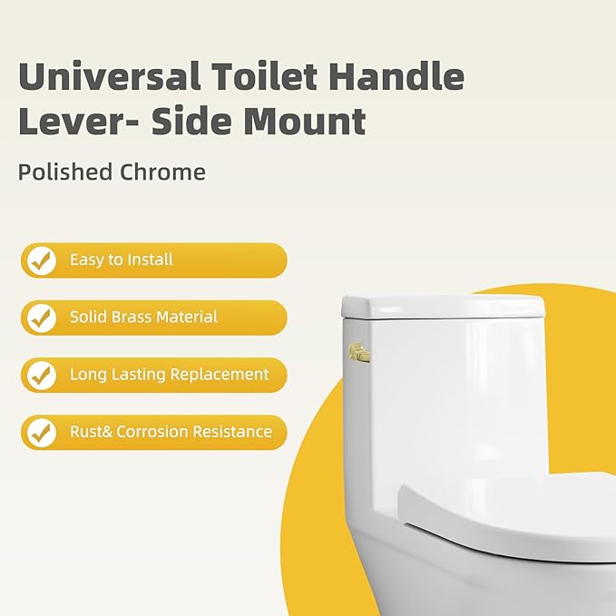 iFealClear Polished Gold Universal Side Mount Toilet Tank Flush Lever Replacement, Toilet Handle Replacement Kit with Stainless Steel Flapper Chain, Solid Brass Angle Mount Toilrt Trip Lever