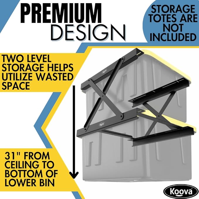 Koova Dual Rail Heavy Duty Overhead Garage Storage System - Stacking Overhead Storage Rails, Made in USA, Easy Installation, Hardware Included, Tote Bin Storage Solution