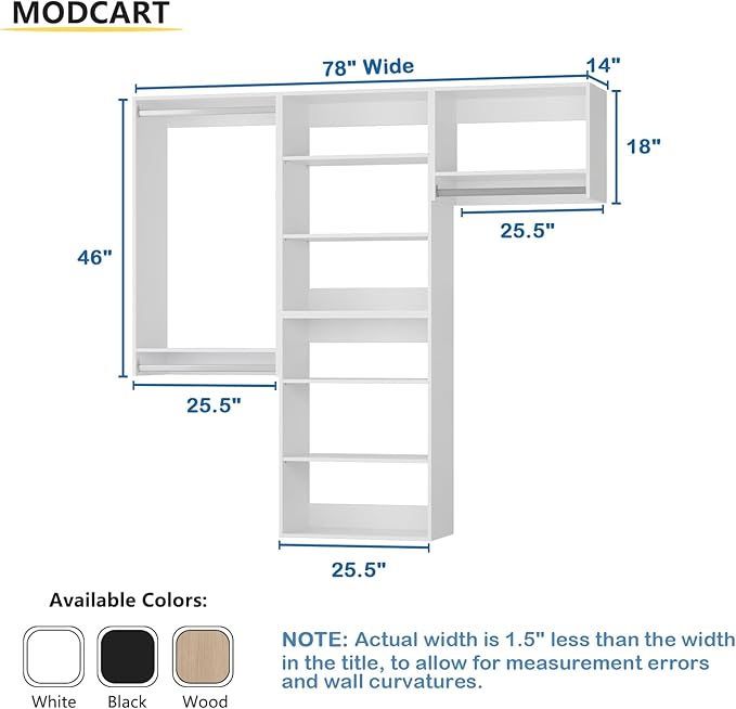 Modular Closet System, 78" Wide Closet Organizer System with Towers and Hanging, Wood Closet Tower Storage for Walk In Closets, Wall Mounted Wardrobe Organizer Kit System, Bedroom, White