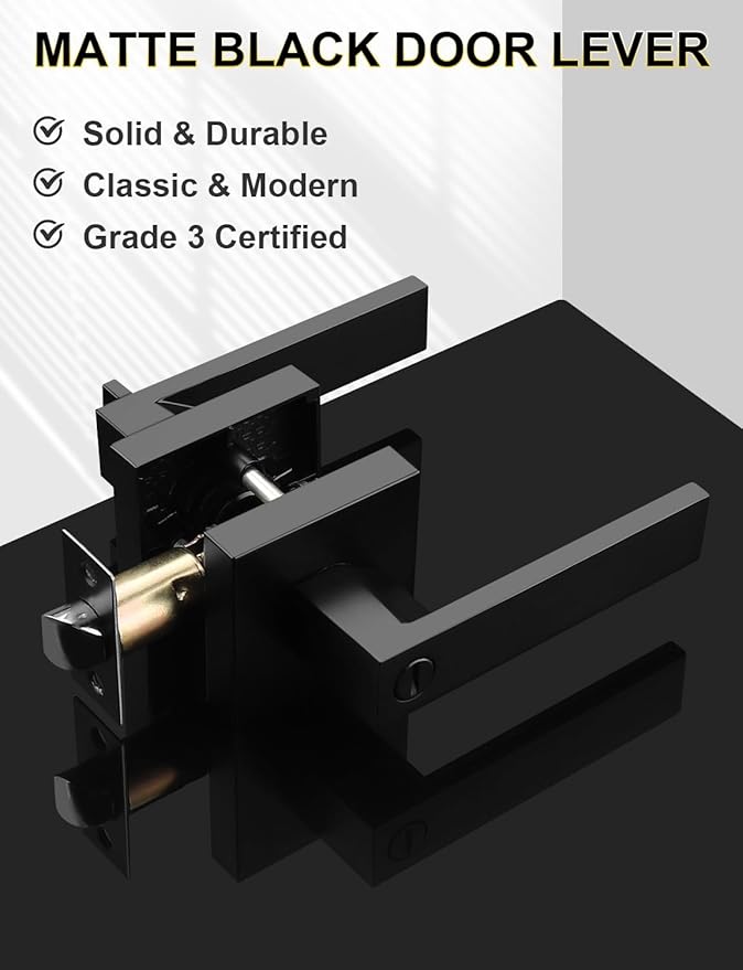 10 Pack Square Privacy Door Levers Locksets in Matte Black Finish, Bed/Bath Door Levers Keyless Interior Handles,Reversible for Left Right Handed Doors