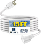 15ft Outdoor Extension Cord - 16/3 Heavy Duty SJTW Waterproof White Electrical Cable with 3 Prong Grounded Plug for Safety, Great for Lawn and Major Appliances