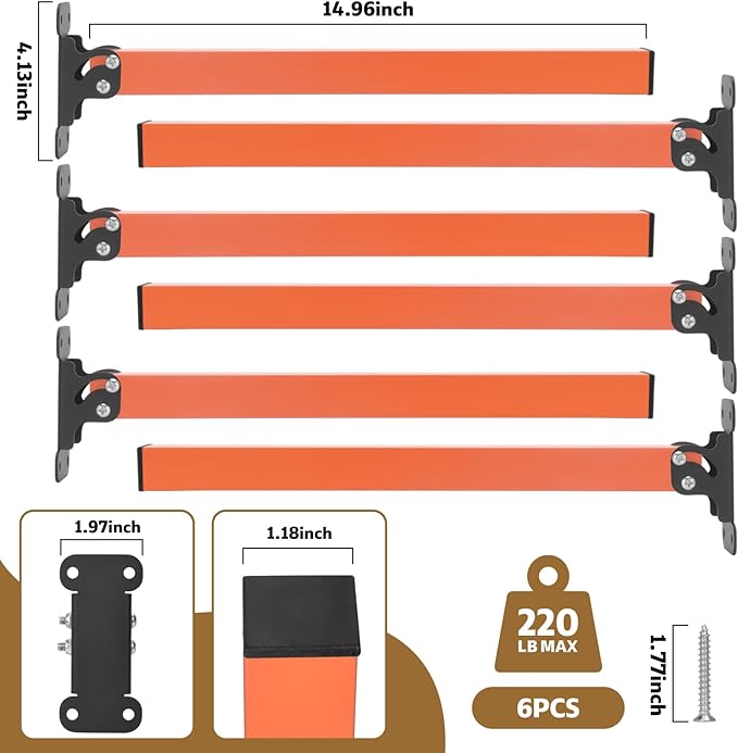 lumber storage rack, Heavy Duty Metal Lumber Storage Rack with Multi Angle Adjustment and 3-Level Wall Mount for Garage Shop Indoor Outdoor, Orange (2 PACK)