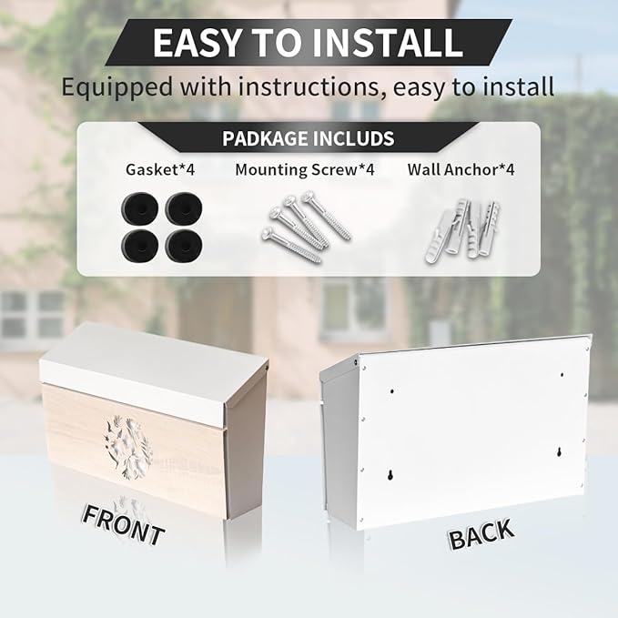 Wall Mount Mailbox, Large Capacity Mailbox for House Outside, Galvanized Steel Rust-Proof Metal Post Drop Box, 15.74"×9.84"×4.33" Flower Hollowed Wooden Patterned Metal Sheet