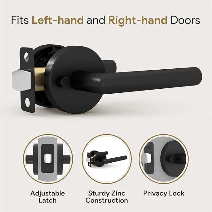 Mega Handles Ronn Privacy Door Handle - 2 Pack Reversible Interior Black Door Handle, Heavy Duty Bed & Bath Door Handles with Privacy Door Lock, Fits All Standard Doors - Matte Black