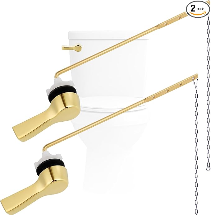 Hygie Rinse 2PCS Metal Toilet Handle Lever Flush Replacement, Universal Front Mount Toilet Handle with Stainless Steel Flapper Chains, Toilet Repair Kit, Shiny Gold