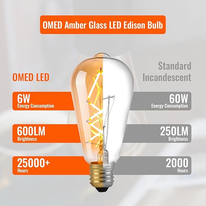 OMED LED Edison Light Bulb 18 Pack, Dimmable Vintage Style Amber Glass Criss-Cross Filament LED Bulbs, 60 Watt Equivalent 2700K Soft White Edison Bulb, 600 Lumens 6W Medium Base E26 ST64 Light Bulb