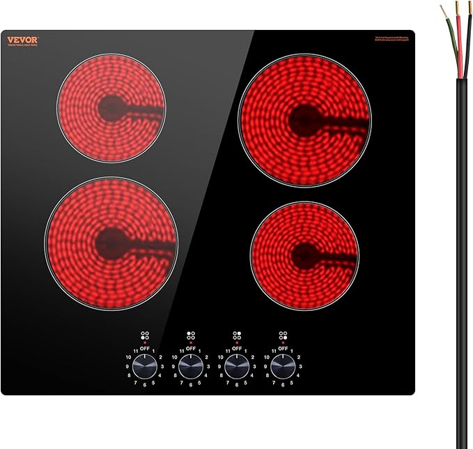 VEVOR Electric Ceramic Cooktop, Built-in Electric Stove Top, with Glass Panel, Knob Control, 11 Heat Levels, for Diverse Cooking Requirements (24inch-4burners/220V)