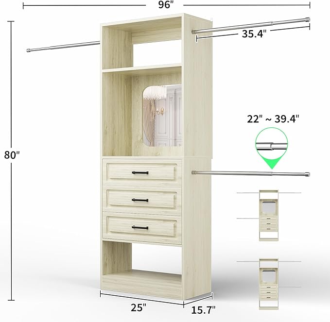 Unikito 48" W - 96” W Closet System with Mirror, 8FT Walk in Closet Organizer Kits with Drawers and 3 Extendable Hanging Rod, Sturdy Wood Garment Rack with 25” Tower, Max Load 1000 LBS, White Oak