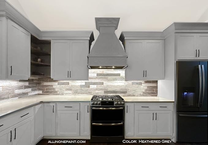 ALL-IN-ONE Paint, Durable cabinet and furniture paint. Built in primer and top coat, no sanding needed. Includes our 30 featured color card - Heathered Gray, Gallon