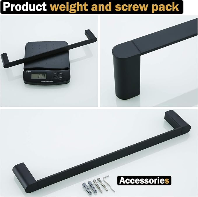 RANDOM 4 Piece Bathroom Hardware Set Matte Black Towel Bar Set Include 18 Inch Towel Bar Toilet Paper Holder and 2 Towel Hooks Stainless Steel Bathroom Decor Wall Mount Bathroom Accessories Kit.