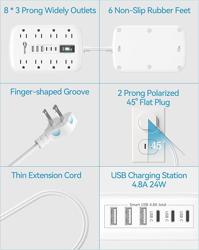 Short Extension Cord 3ft - 2 Prong Power Strip Surge Protector with 8 Outlets 6 USB Ports(3 USB C)4.8A/24W Charging Station, 3 prong to 2 prong adapter Wall Mount for Travel Dorm Room Essentials White